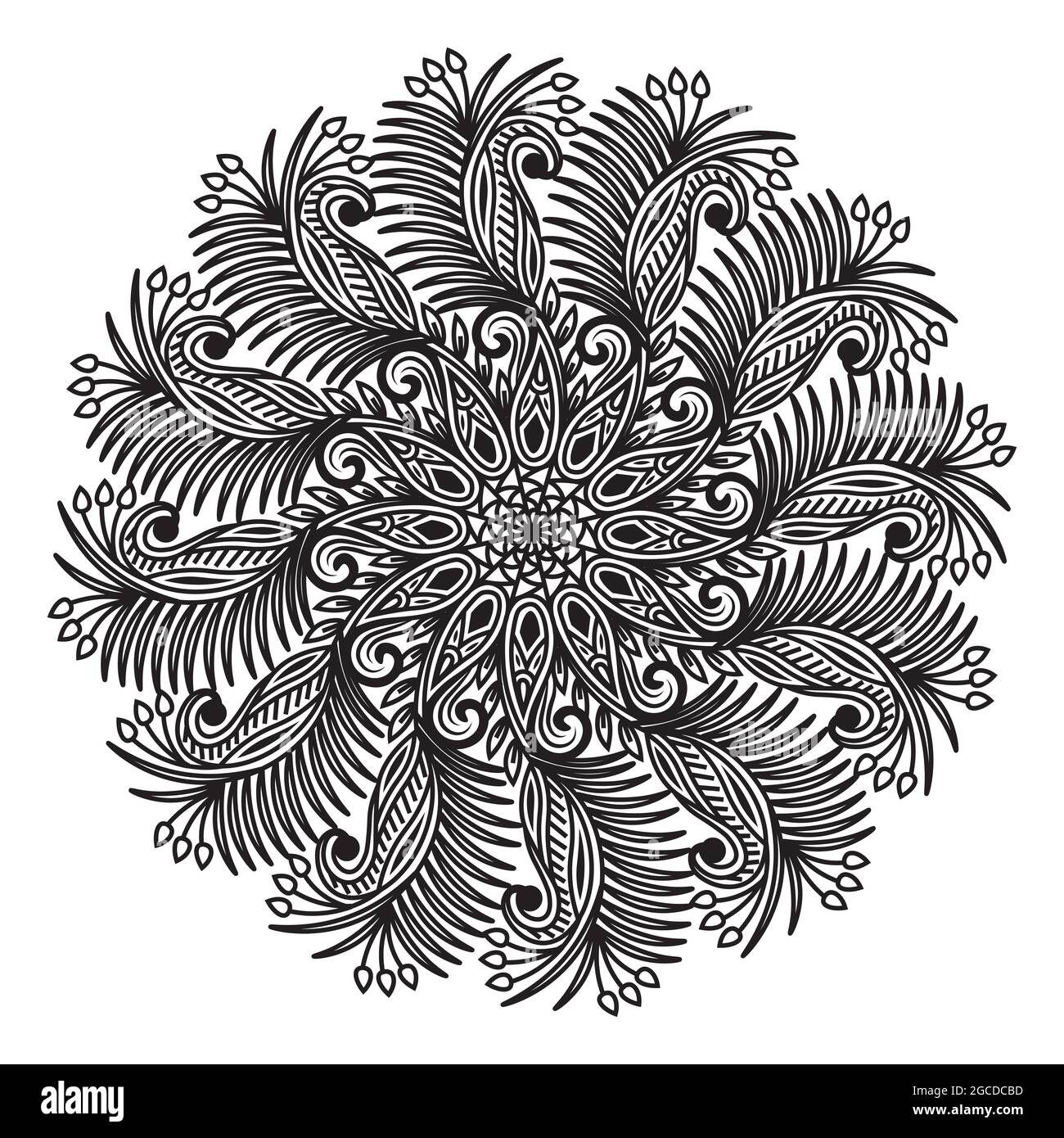 Mandala-Design mit Blumenblatt-Muster aus grünen natürlichen organischen Formen und dekorativen Linien Stock Vektor