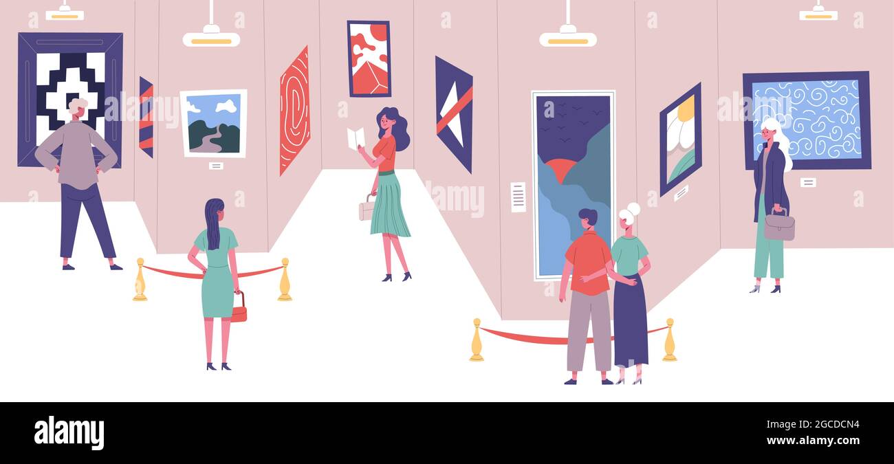 Die Menschen bewundern die Ausstellung der Gemälde der klassischen Kunstgalerie. Kunstgalerie Exposition Exkursion Besucher Vektor Illustration. Männer und Frauen kulturell Stock Vektor