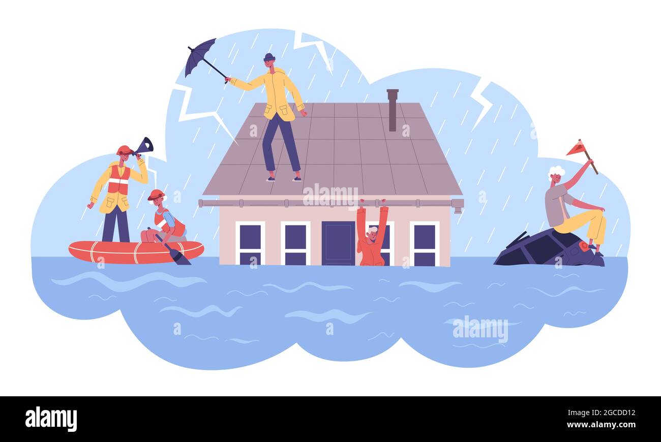 Naturkatastrophen Hochwasser schützen Rettungsboot Service. Gerettet gerettet gerettet Menschen vor überschwemmten Haus Vektor-Illustration. Überschwemmungskatastrophe Stock Vektor