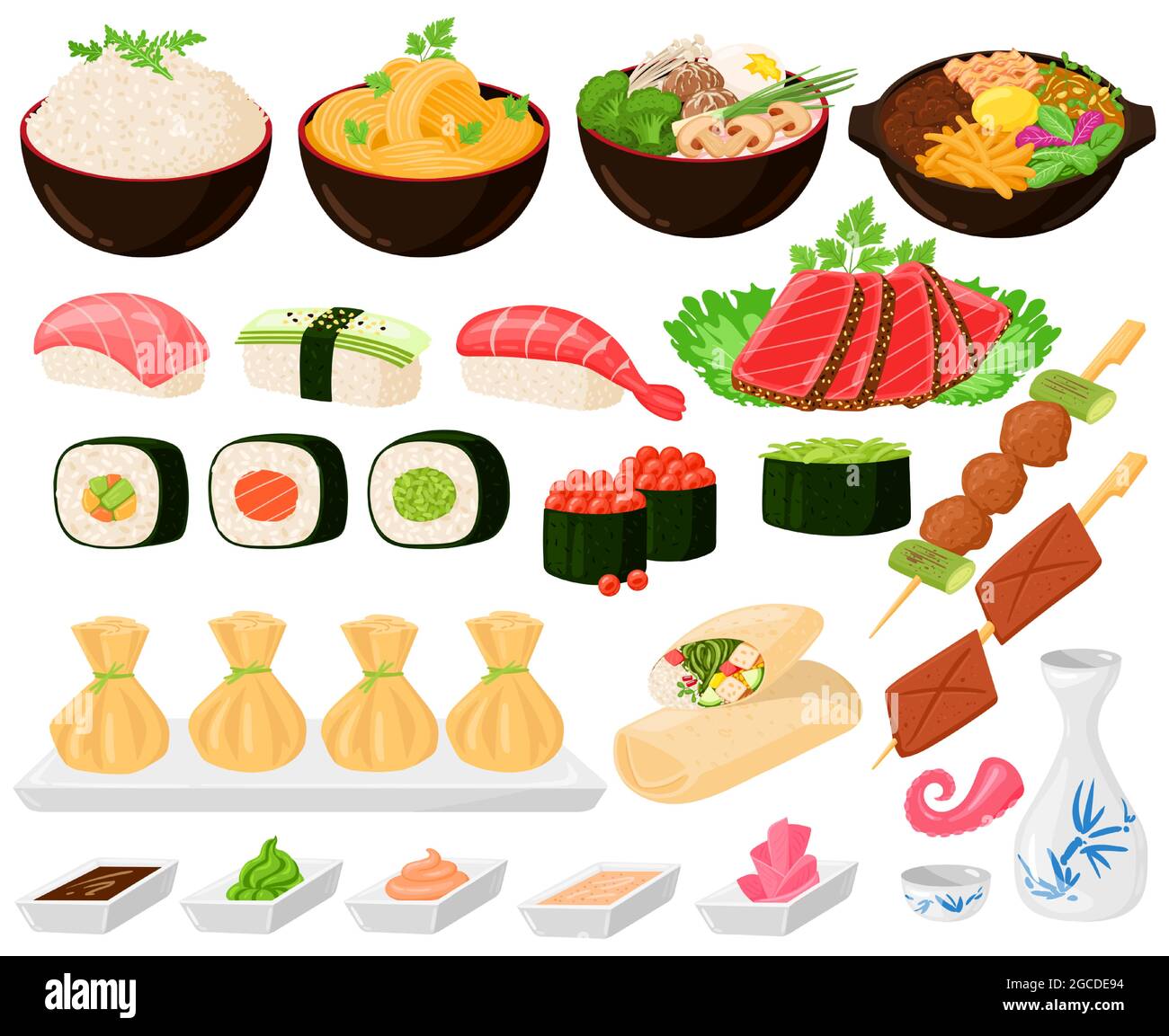 Cartoon asiatische traditionelle koreanische, japanische, chinesische Lebensmittel. Asiatische Street Food, Nudeln Sushi Sashimi Ramen Knödel Vektor Illustration Set. Orientalisch Stock Vektor