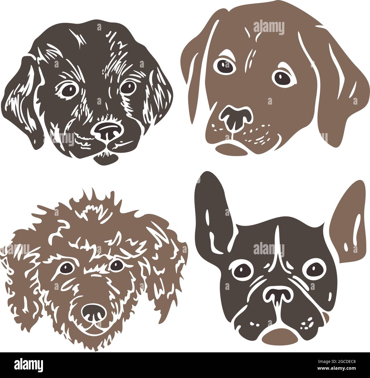 Vektor-Illustration Satz von farbigen Hund Silhouetten. Dekorative Hundeporträts. Stock Vektor