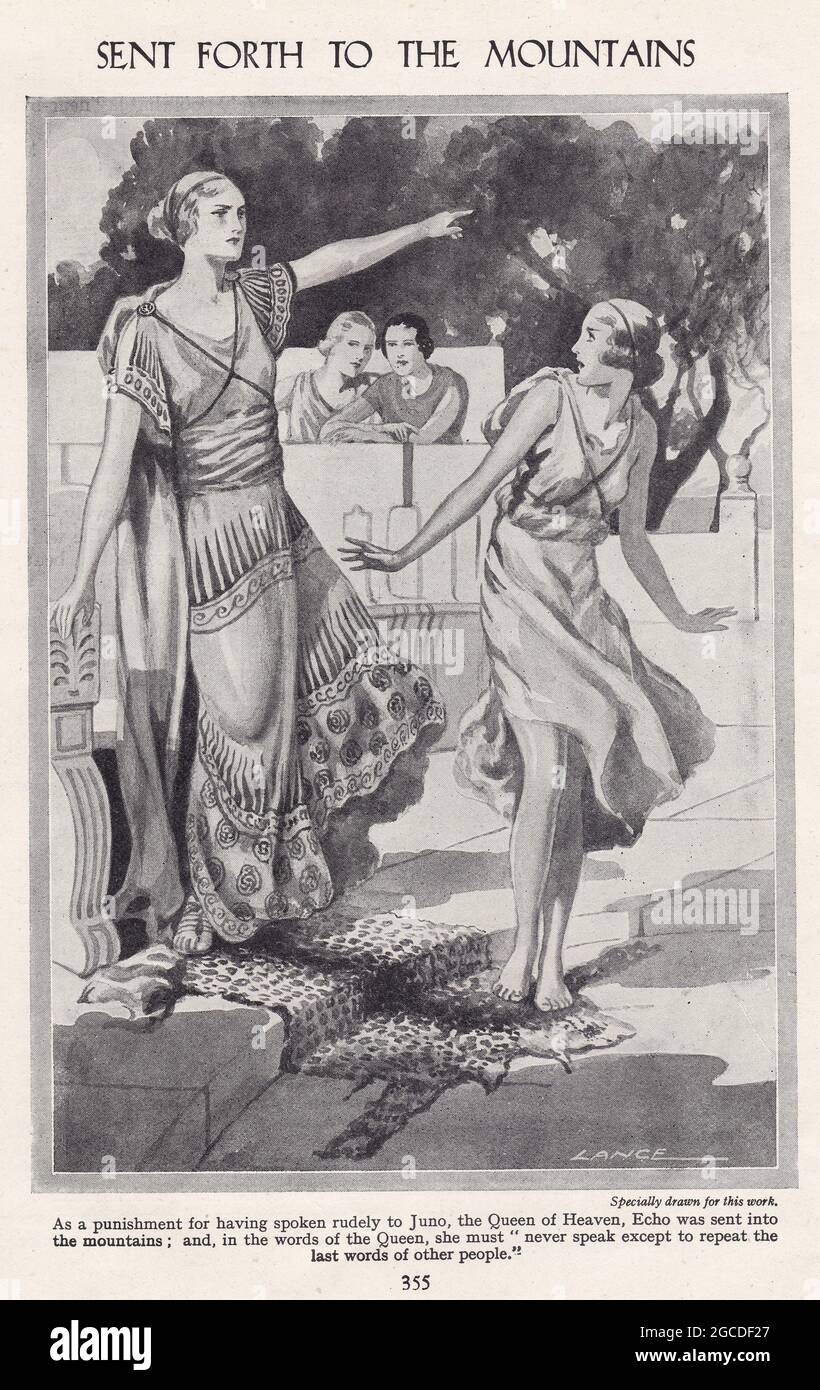 Vintage-Illustration des Echos, das von Juno, Königin des Himmels, in die Berge geschickt wurde. Stockfoto