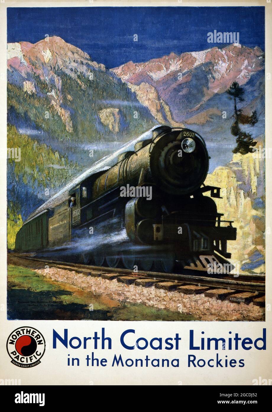 Poster mit Vintage-Zug/Bahn/Transport. North Coast Limited in den Montana Rockies, Nordpazifik. Kunstwerk von Gustav Wilhelm Krollman Stockfoto