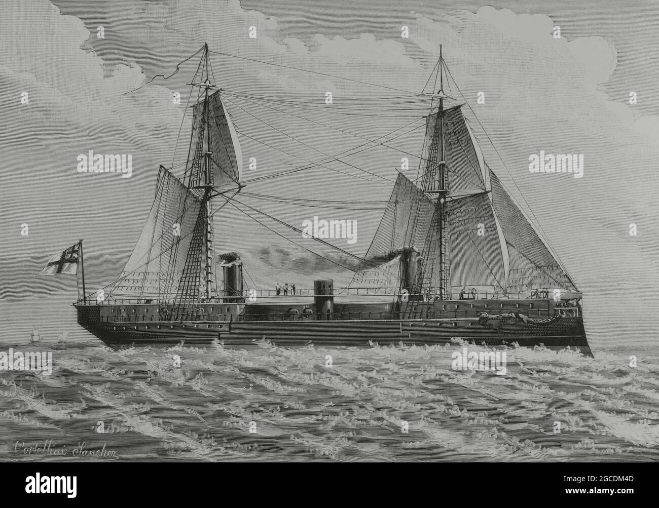 Die HMS Ajax. Kriegsschiff mit Eisenplattierungen, gebaut für die Royal Navy. Zeichnung von Cortellini Sánchez. Gravur. La Ilustración Española y Americana, 1882. Stockfoto