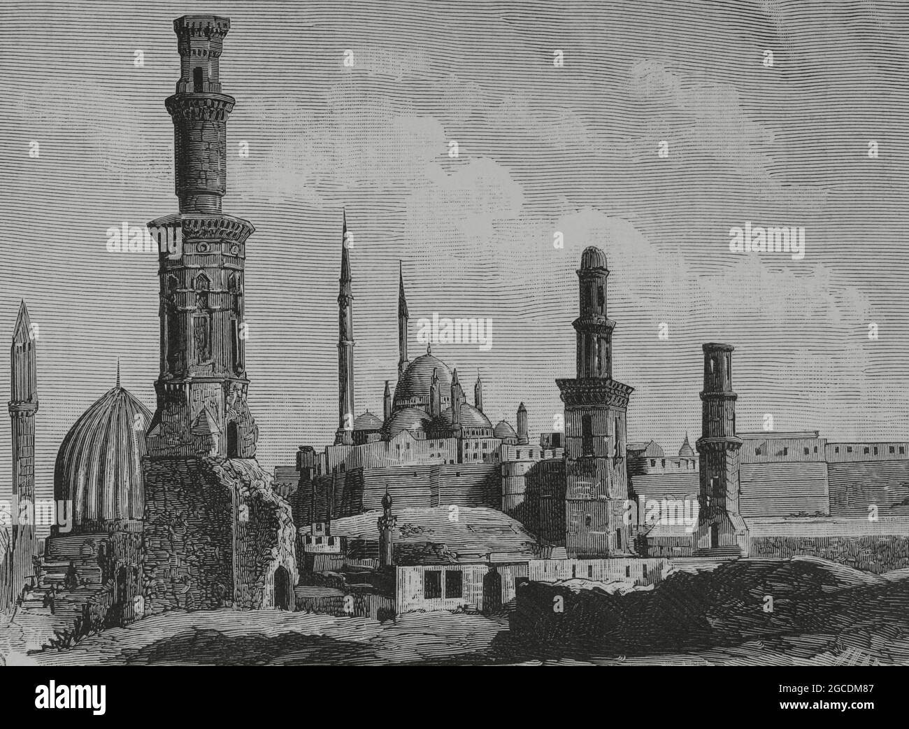 Ägypten, Kairo. Gräber der Kalifen. Gravur. La Ilustracion Española y Americana, 1882. Stockfoto
