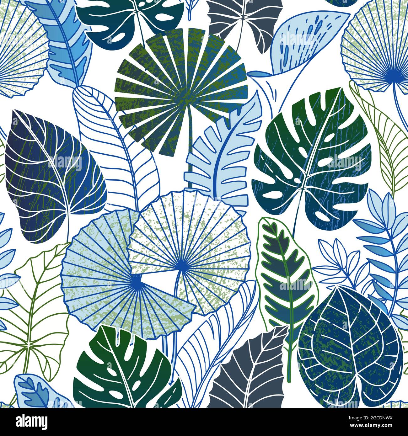 Nahtloses Muster mit tropischen Blättern auf hellem Hintergrund. Stock Vektor