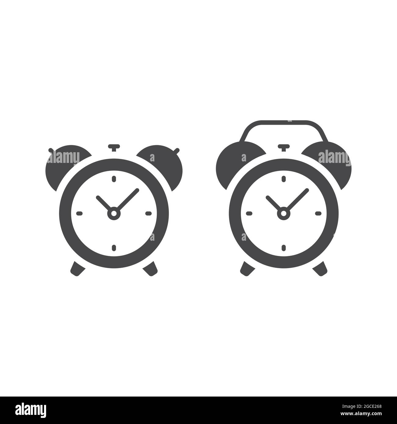Wecker im Retro-Stil mit Glocken. Symbol für schwarze Vektor-Glyphe. Stock Vektor