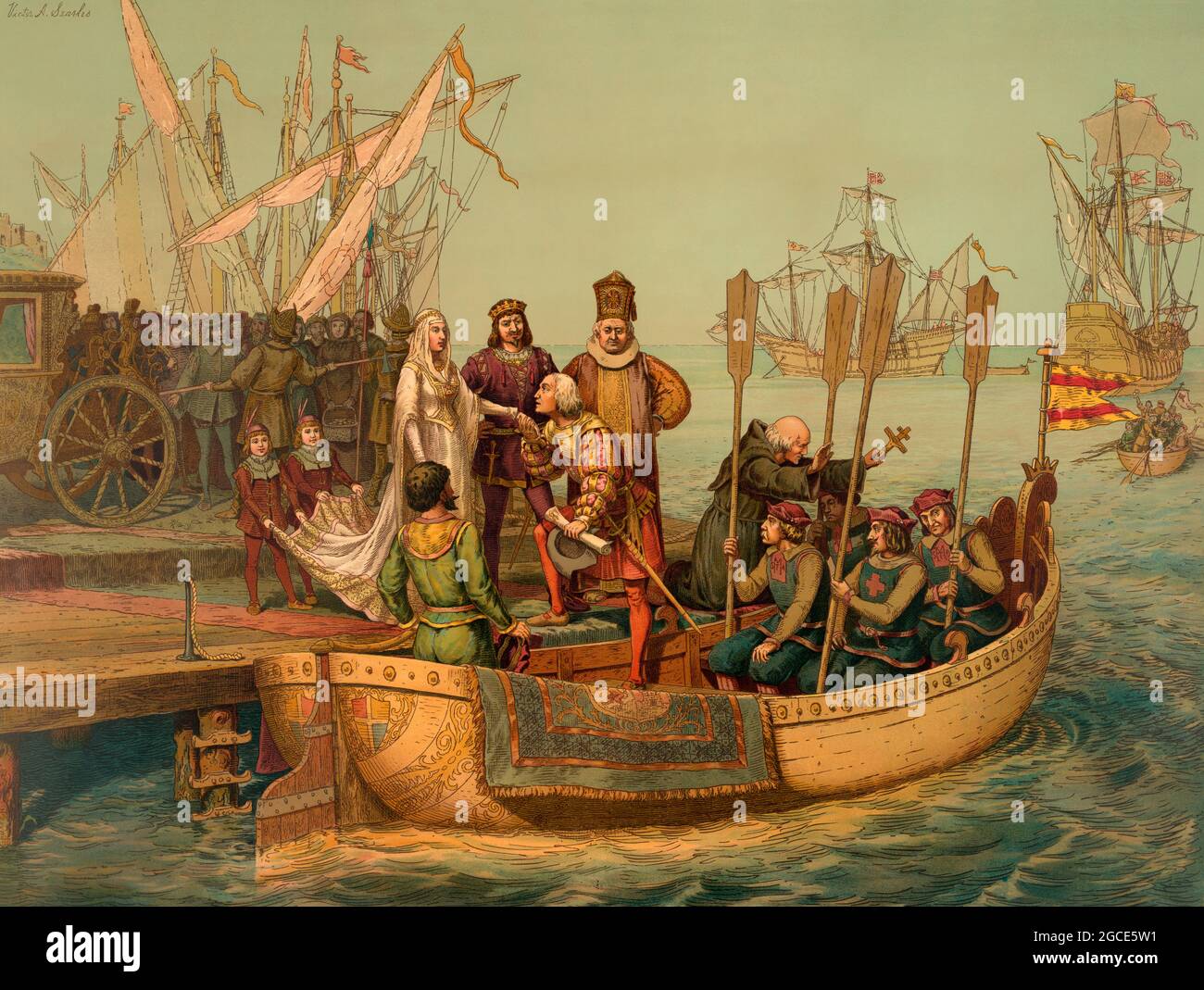Christopher Columbus und seine Crew verlassen den Hafen von Palos, Spanien; 1492, digital optimiert Stockfoto