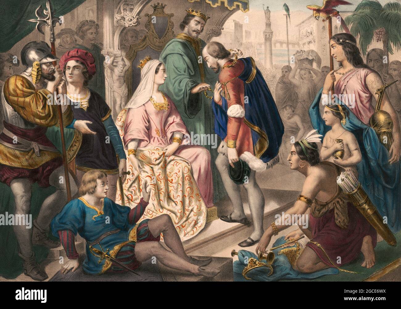Christoph Kolumbus steht bei seiner Rückkehr nach Spanien vor König Ferdinand und Königin Isabella; digital optimiert Stockfoto