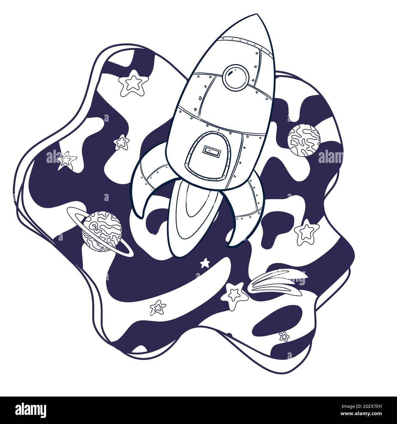 Cartoon Raumschiff Illustration. Handgezeichnetes Raketensymbol. Raumschiff-Launch-Skizze Konzept des Geschäftsprodukts, geeignet für Web Landing Page, Banner, Flyer, Aufkleber, Karte, Kinderzimmer Dekoration, Tapete Stock Vektor