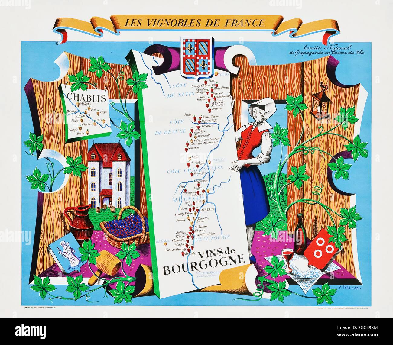 Französische Weinregionen (Comite National de Propagande en Faveur du Vin, 1954) Vins de Bourgogne. Les Vignobles de France. Stockfoto