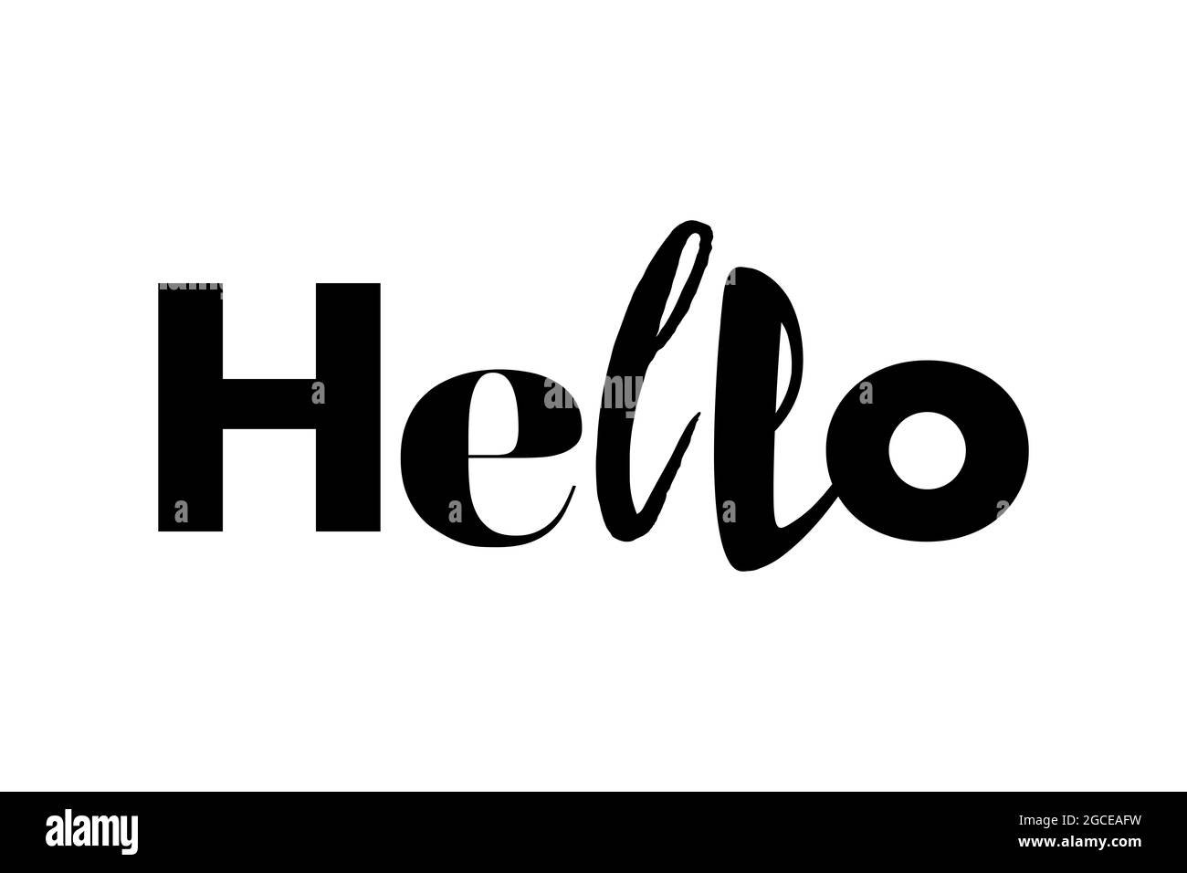 Modernes, verspieltes, auffälliges typografisches Design eines Wortes „Hello“ in schwarzer Farbe. Coole, kreative, urbane und trendige Grafik-Vektor-Kunst mit verschiedenen Stockfoto