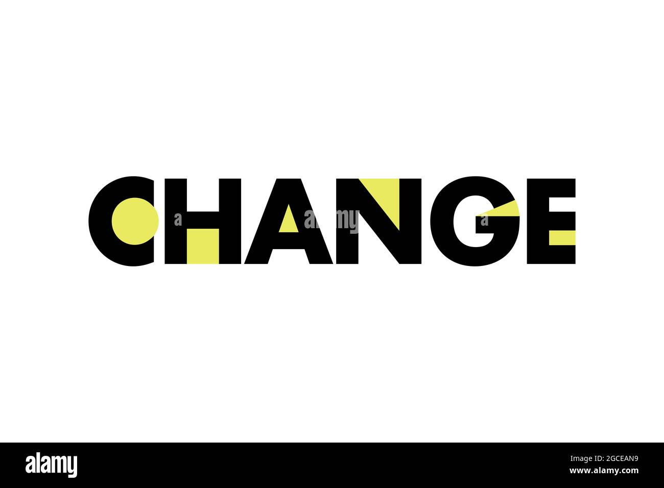 Modernes, auffälliges, lebendiges typografisches Design eines Wortes „Change“ mit geometrischen Formen in gelben und schwarzen Farben. Coole, urbane, trendige Grafik Stockfoto