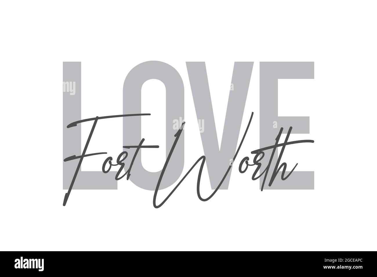 Modernes, schlichtes, minimalistisches typografisches Design mit dem Spruch „Love Forth Worth“ in Grautönen. Cool, urban, trendy und verspielte Grafik-Vektor-Kunst w Stockfoto