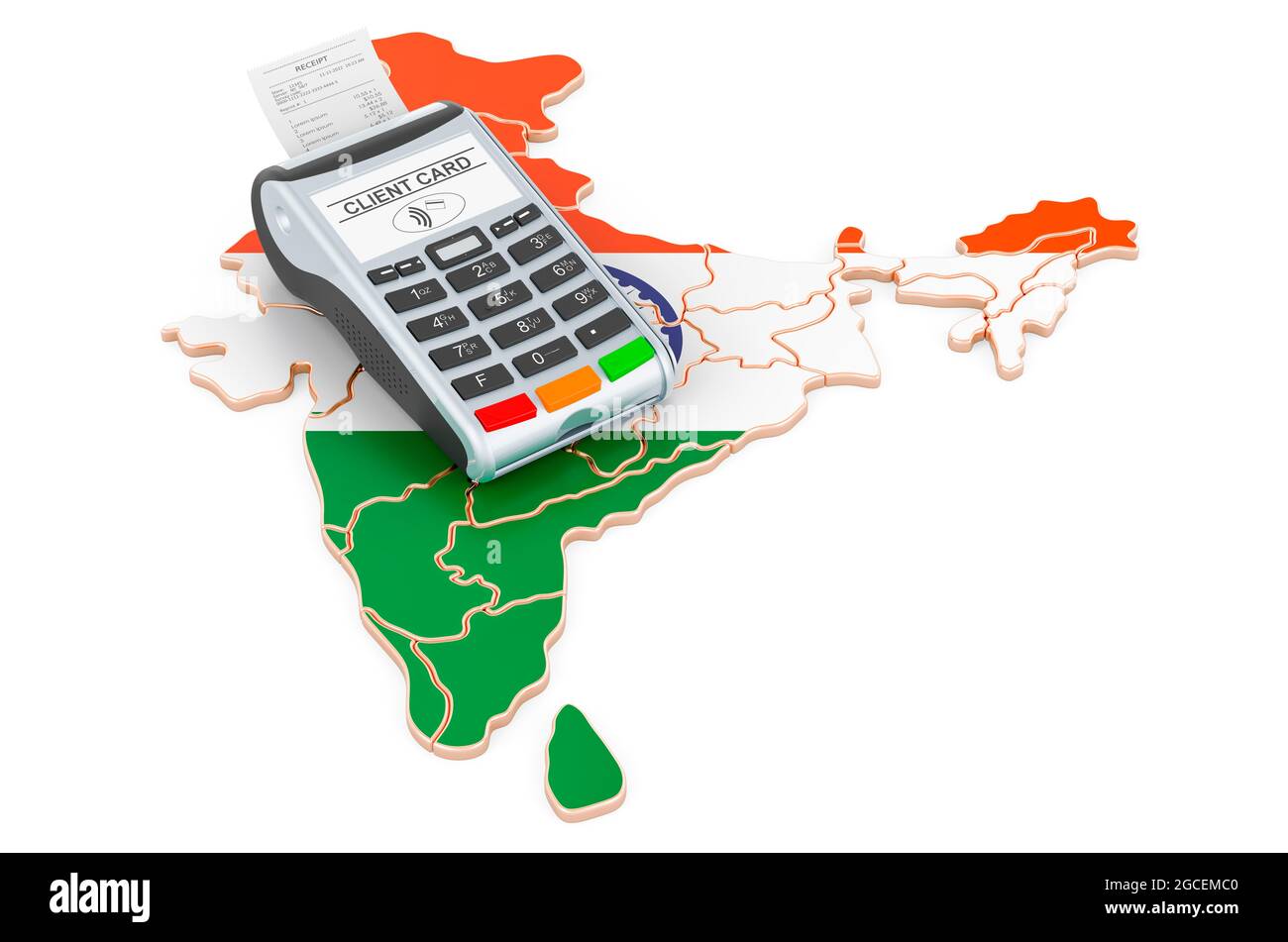 Indische Karte mit POS-Terminal. Bargeldloses Bezahlen in Indien Konzept. 3D-Rendering auf weißem Hintergrund isoliert Stockfoto