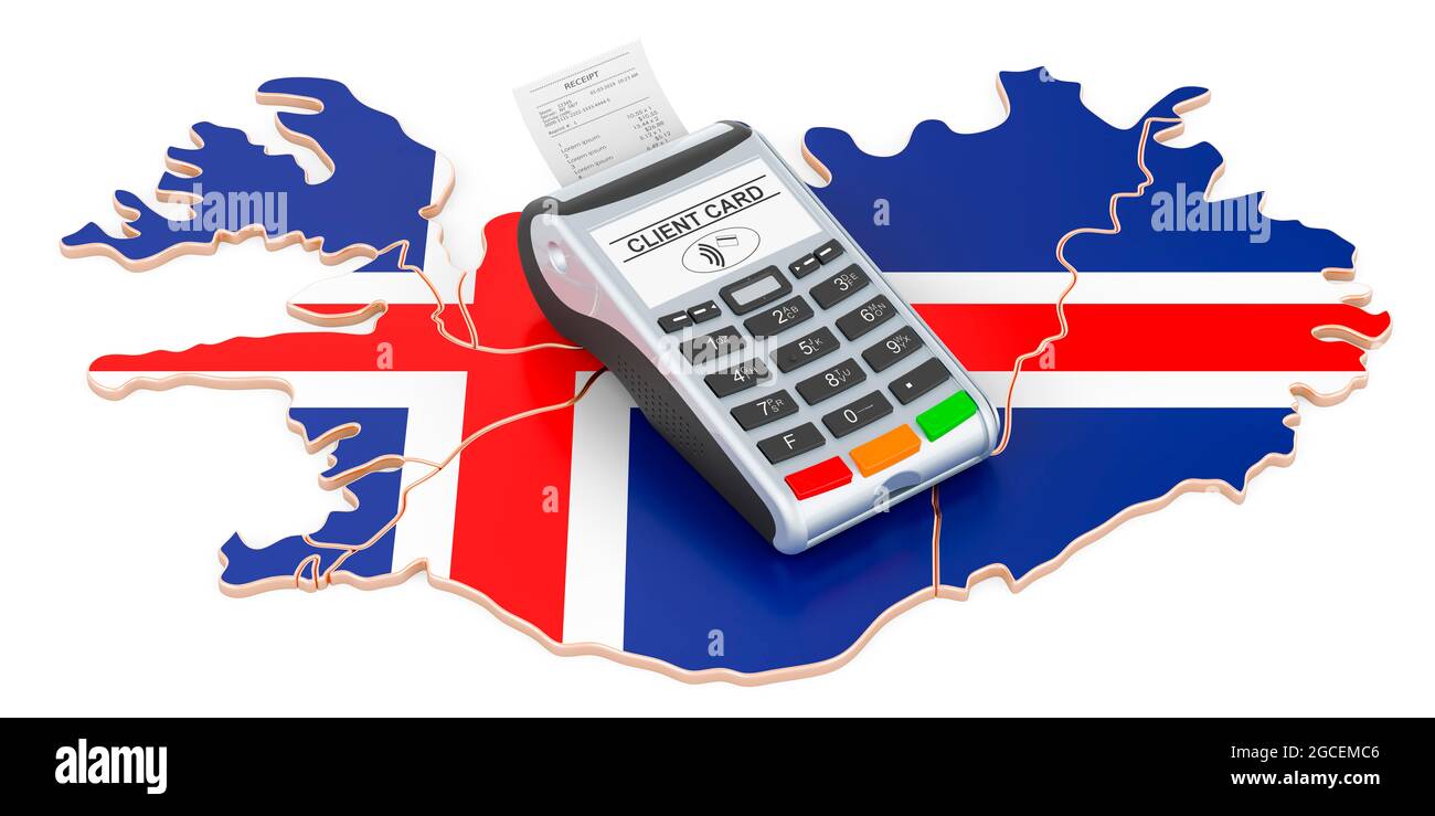 Isländische Karte mit POS-Terminal. Bargeldloses Bezahlen im Island ...