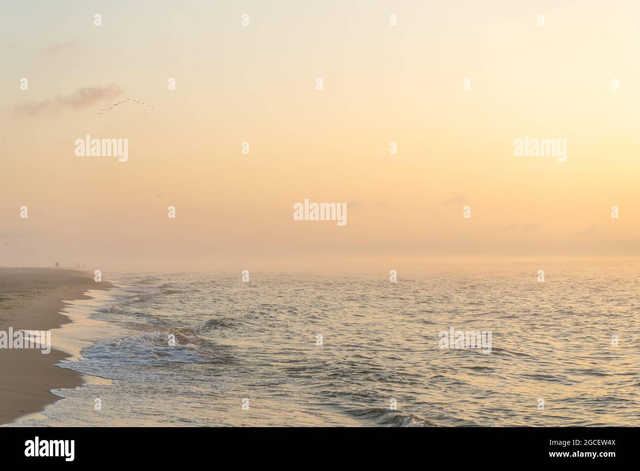 Nebliger Sonnenaufgang über dem Meer. Pastelltöne. Wunderschöne Landschaft. Sandstrand des Ozeans. Sonnenuntergang am Himmel. Wolken. Küste Eine Vogelschar fliegt weg wie ein Stockfoto