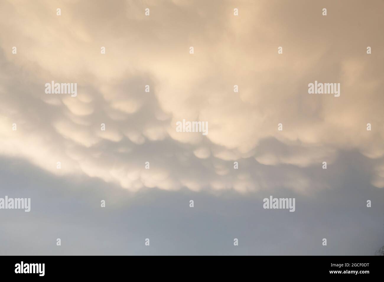 Mammatuswolken erzeugen einen vorhersehenden und dramatischen Blick am Nachmittags-Himmel. Perfekt für die Verwendung mit dem Photoshop Sky Replacement-Tool. Stockfoto