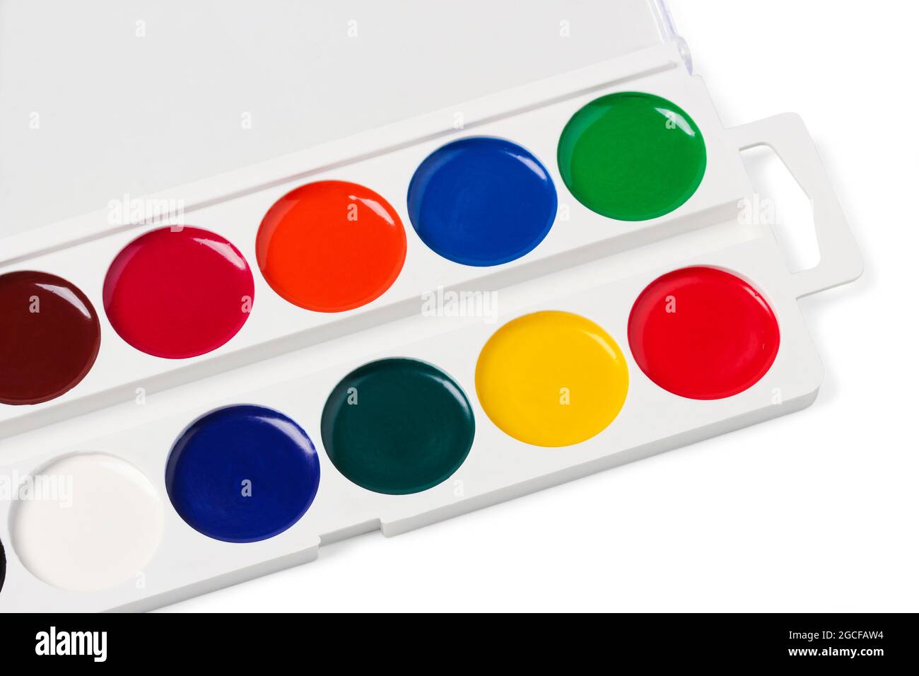 Palette mit Aquarellen auf weißem Hintergrund isoliert Stockfoto