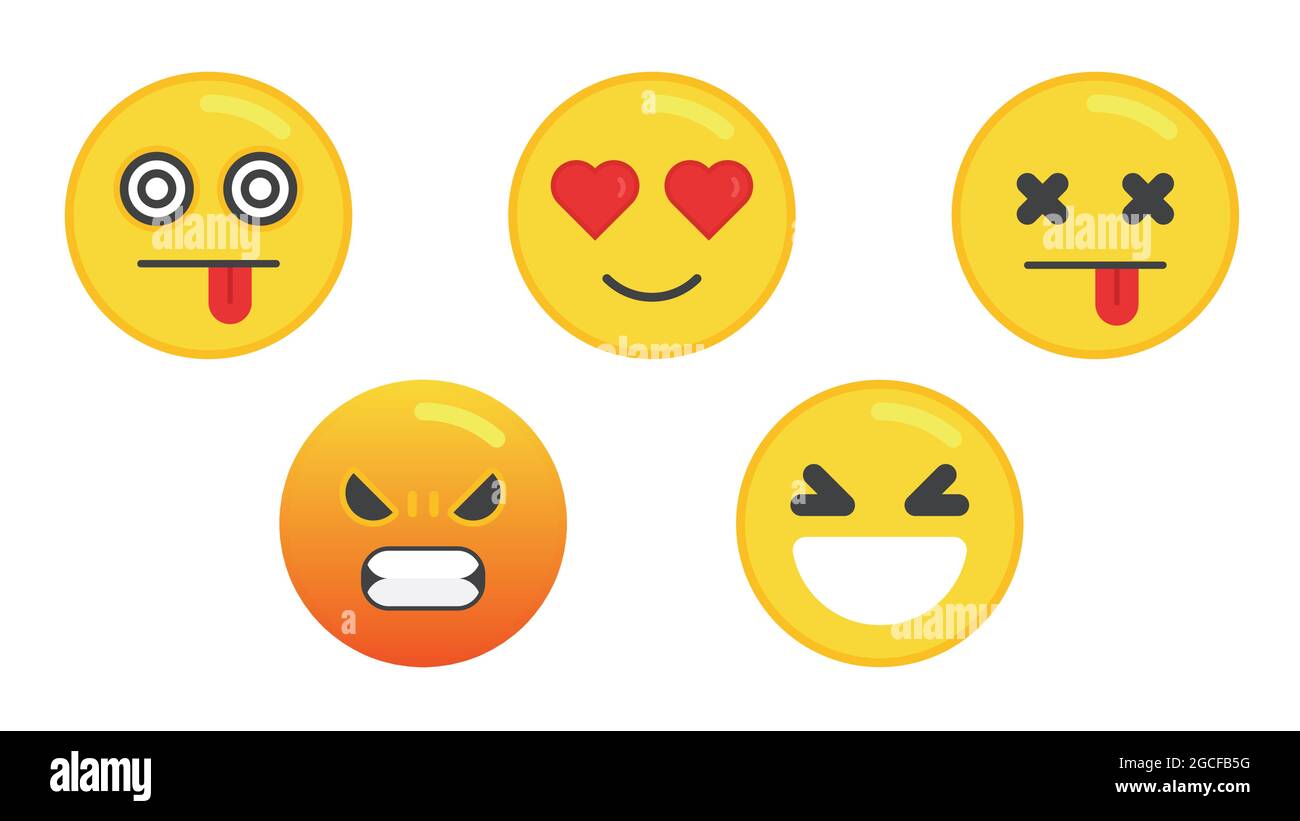 Set mit fünf Emoticons. Flache Emoji-Gesichter. Isolierte Vektorgrafik auf weißem Hintergrund Stock Vektor