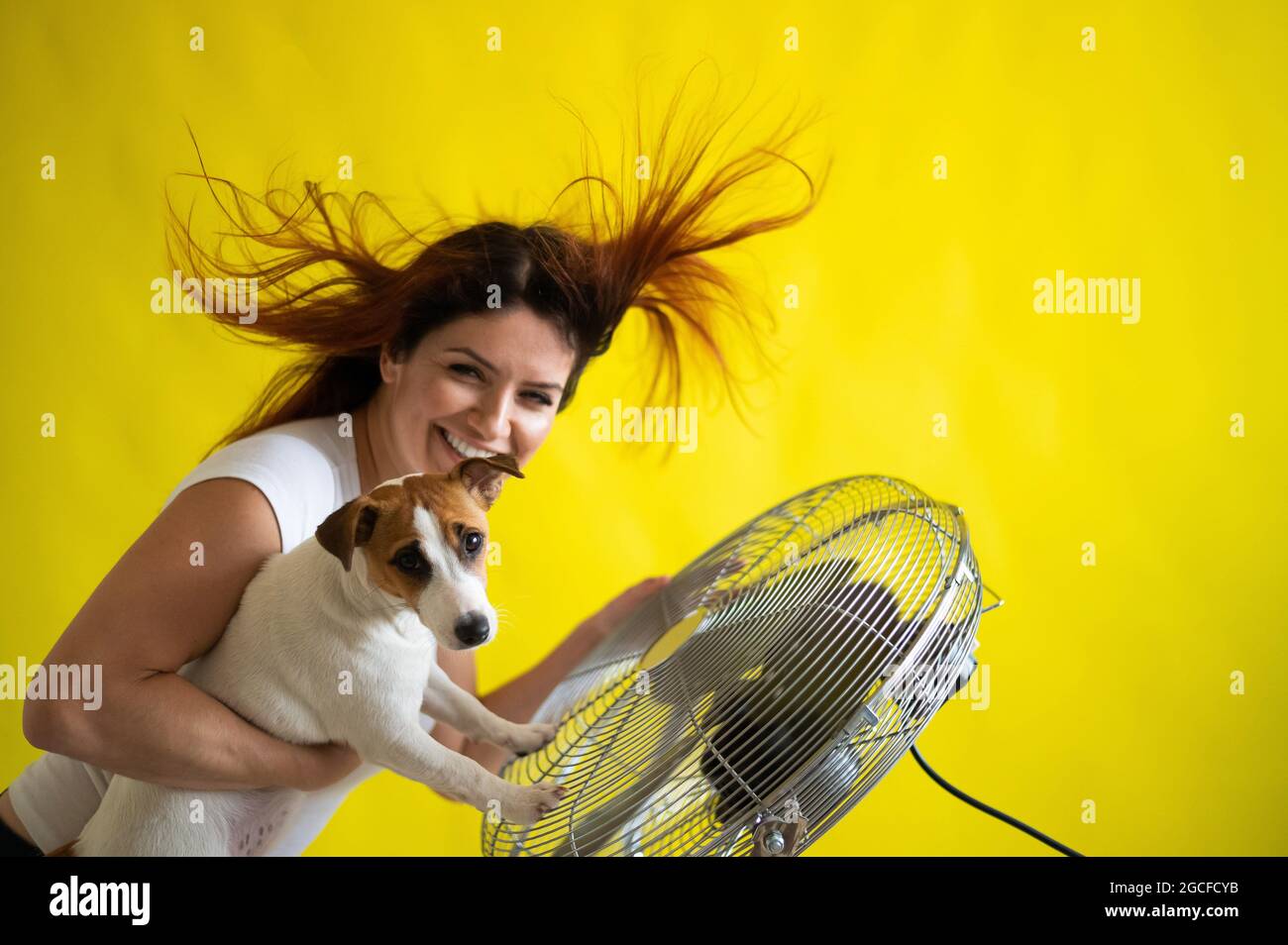 Rotschopf kaukasische Frau und ein Hund kühlen sich durch einen elektrischen Ventilator ab. Stockfoto Rotschopf kaukasische Frau und ein Hund kühlen sich durch einen elektrischen Ventilator ab. Stockfoto