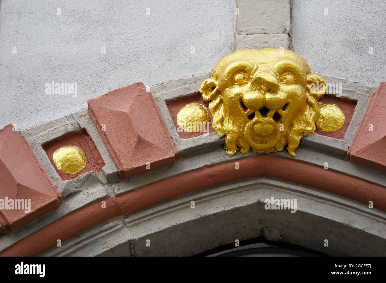 Goldbemalter Löwenkopf aus Stein auf einem Renaissance-Gebäude Stockfoto
