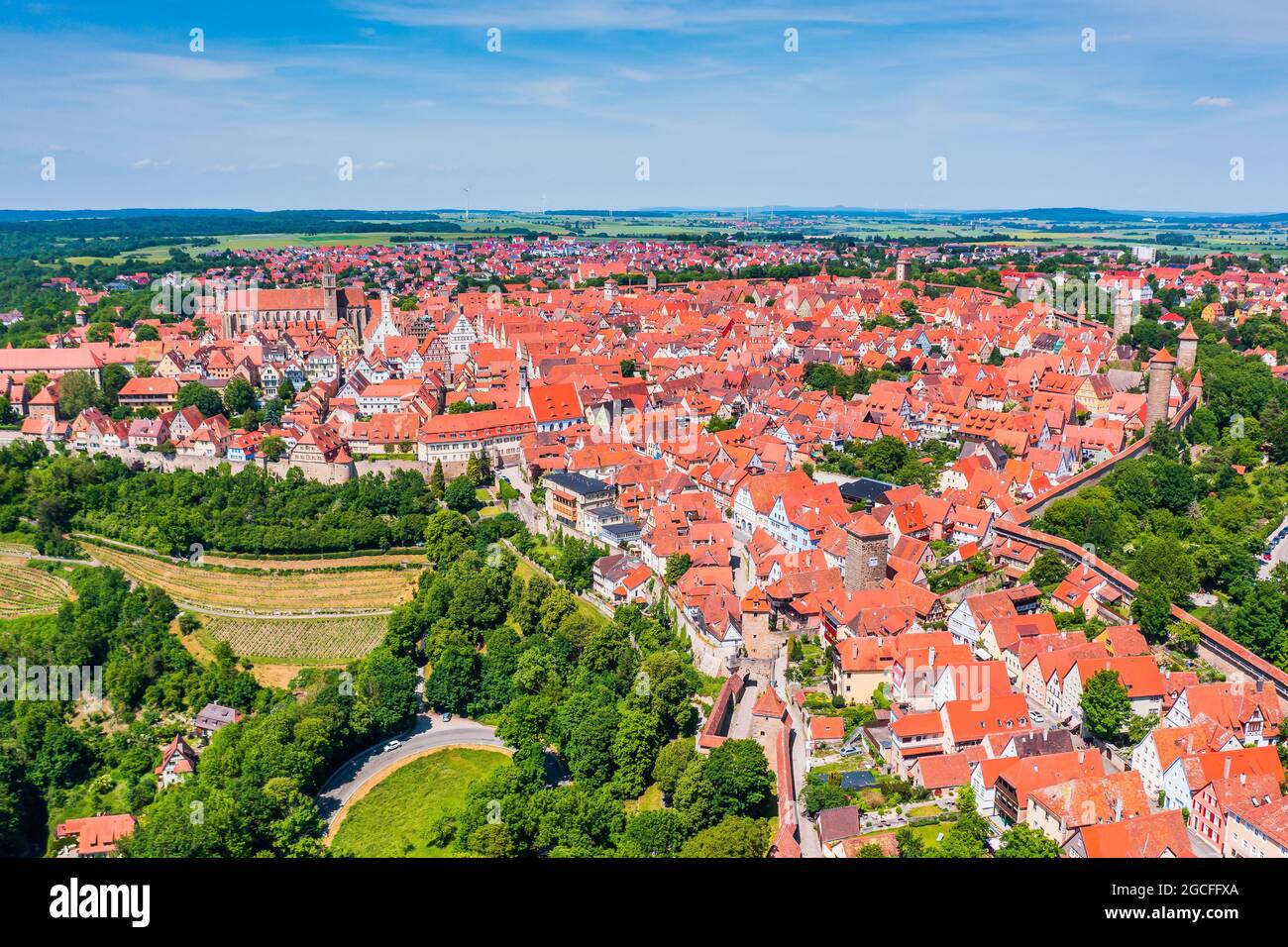 Rothenburg ob der Tauber, Deutschland. Luftaufnahme der mittelalterlichen Altstadt. Stockfoto