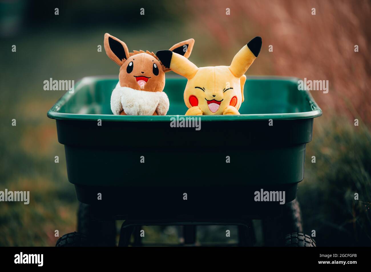 Chester, Großbritannien - 17. Juli 2021: Pokemon Eevee und Pikachu Nahaufnahme im Urlaub Stockfoto