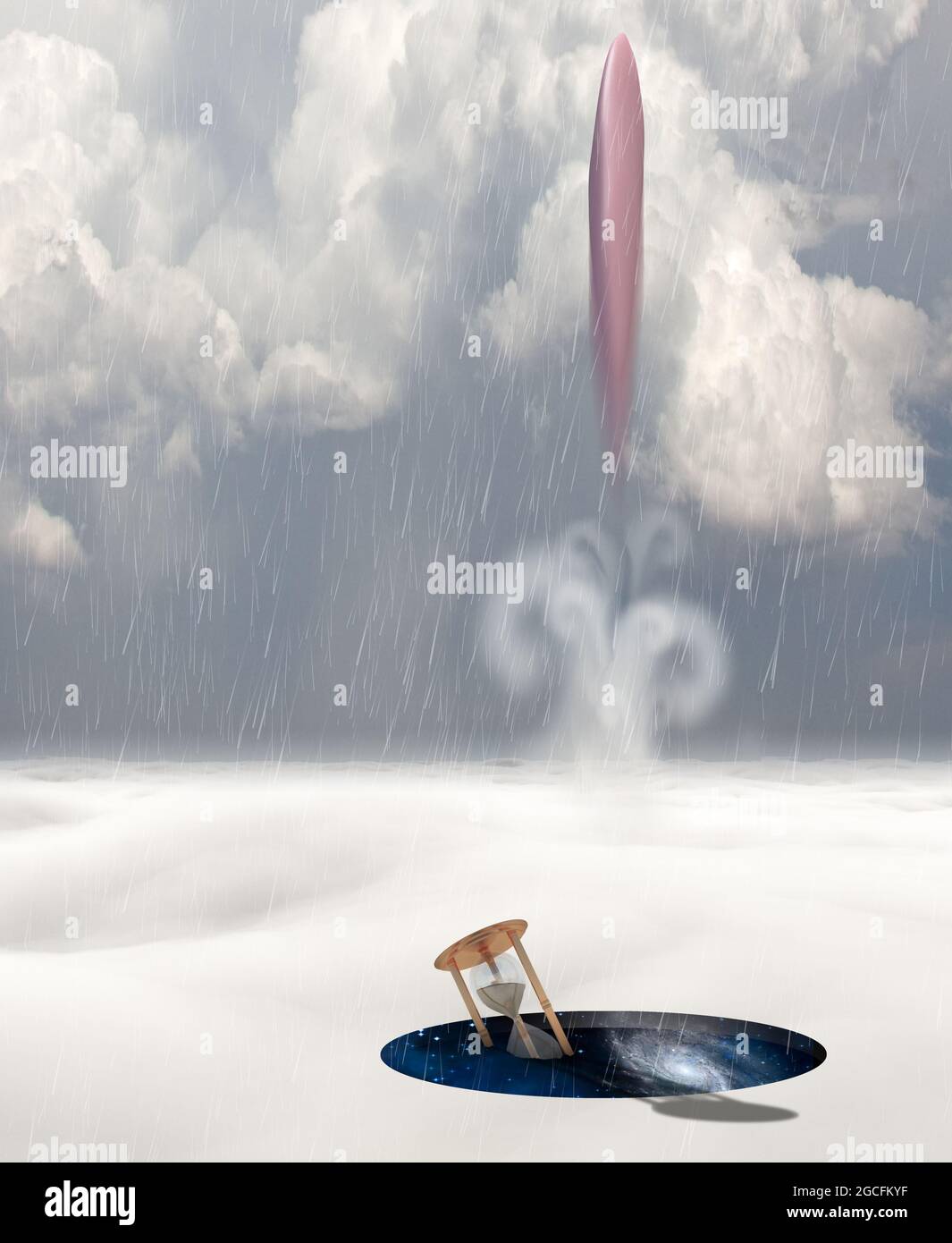 Alien-Raumschiff in surrealen Planeten. Rundes Loch mit Blick auf das Universum. 3D-Rendering Stockfoto