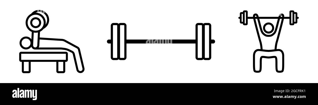 Bankdrücken mit Langhantel Fitnessstudio Umriss Vektor Illustration Icon set Stock Vektor