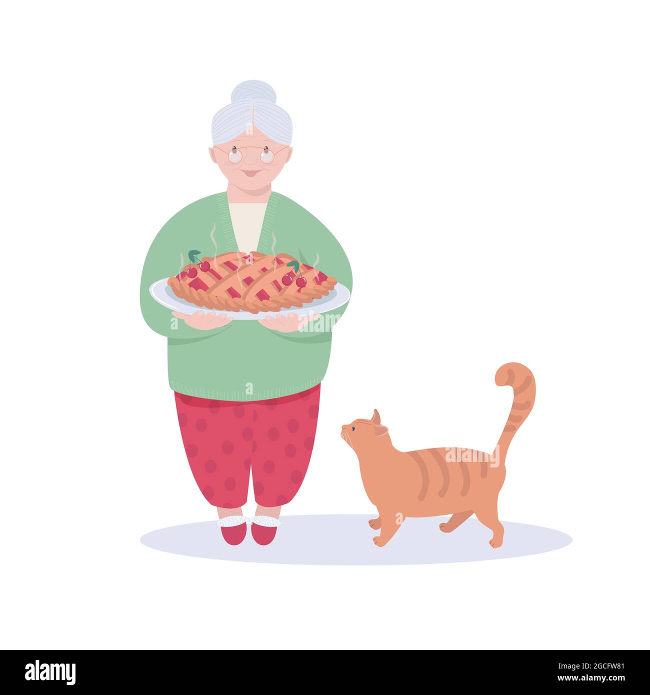 Nette grauhaarige alte Frau hält süße Kirschkuchen, neben ihr ist eine dicke rote Katze. Konzept von Komfort zu Hause, freundliche Großmutter und Gastfreundschaft. V Stock Vektor