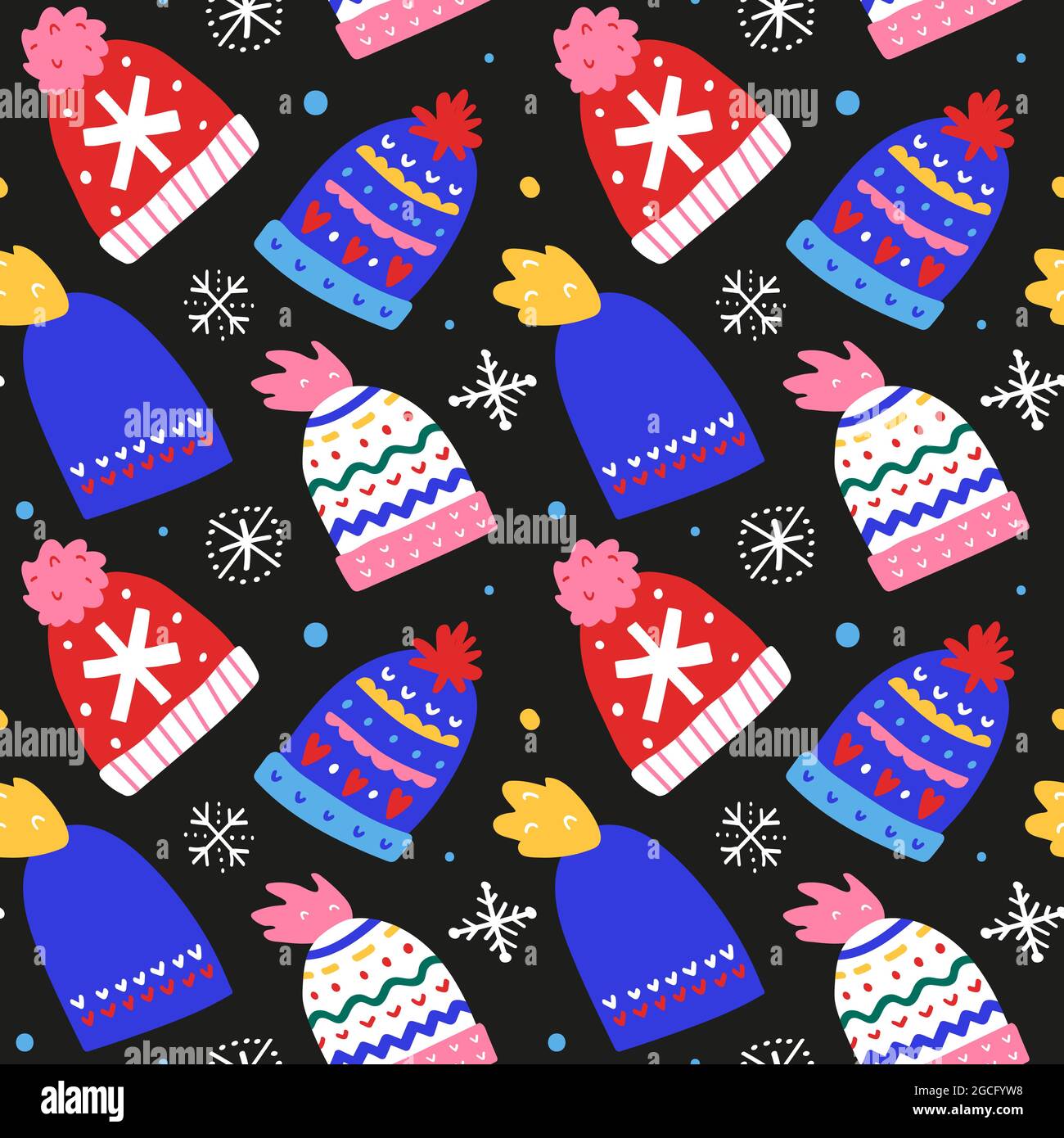 Weihnachten gestrickte Hüte mit weihnachtsschmuck, Weihnachten Grußkarte, warme Winter stricken Hüte, skandinavische Zeichnung, nahtlose Vektor-Muster, festlich Stock Vektor