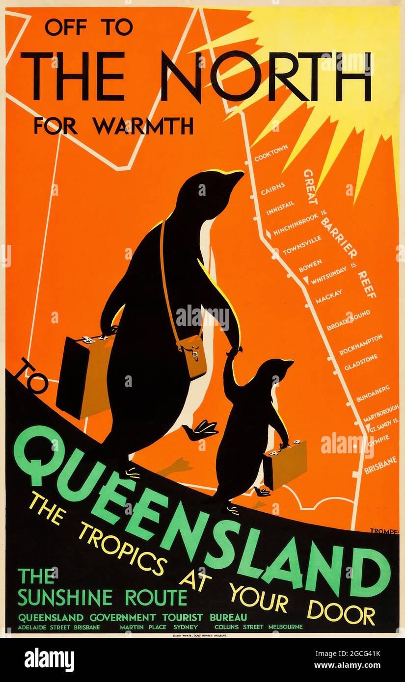 Queensland, Australien Reiseplakat (Queensland Government Tourist Bureau, ca. 1935) australischer Künstler Percy Trompe. Stockfoto