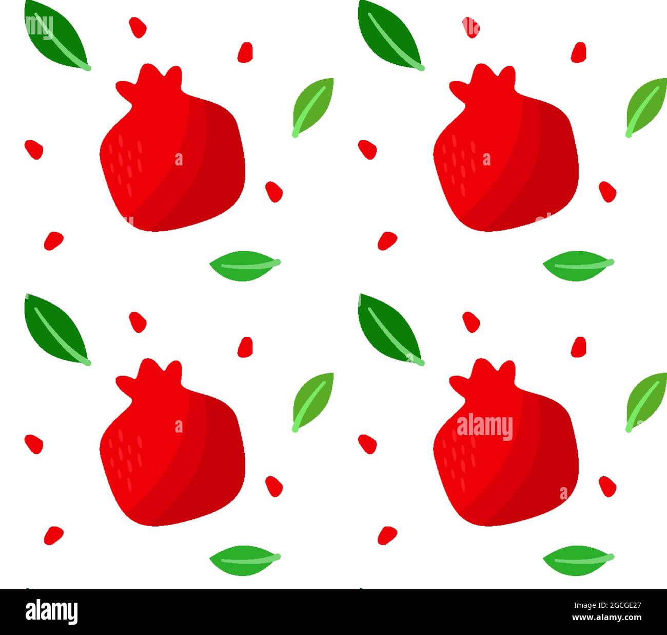 Granatapfel mit Blättern und Samen nahtlose Muster Vektor isoliert auf weißem Hintergrund. Design für Geschenkpapier, Granatsaft, Kosmetik, Textil, Dekoration, Design, Geschenkpapier, Tapete. Stock Vektor