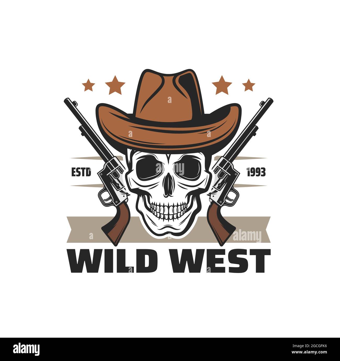 Wild West Symbol Cowboy Schädel und Pistolenpistolen, American Western Vektor-Symbol. Texas Saloon und Arizona Rodeo Ranger oder Bandit Räuber Schädel in Cowboy ha Stock Vektor