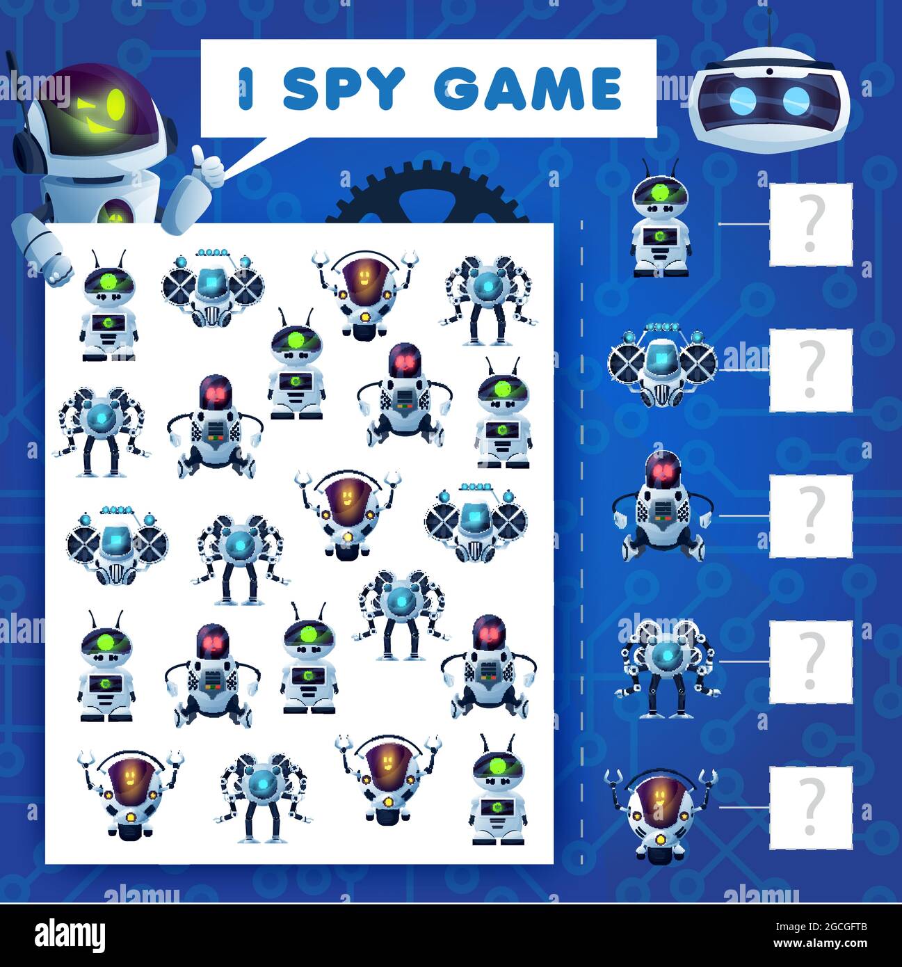 Kinder spioniere ich Rtsel, Cartoon-Roboter Bildung Vektor-Spiel mit ai  Cyborgs. Wie viele Androiden, Bots und Drohnen Mathematik Test Arbeitsblatt  Seite fr childr Stock-Vektorgrafik - Alamy