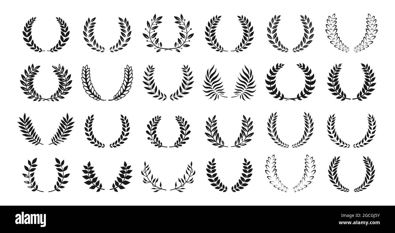 Set aus Laurel Wreath oder heraldrische Silhouette. Kreisförmige Lorbeerkränze Auszeichnung, Leistung. Hochwertige Symbol Emblem Zweige Olivenpflanzen Sammlung. Logo Adel Emblem Vektor-Illustration Stock Vektor