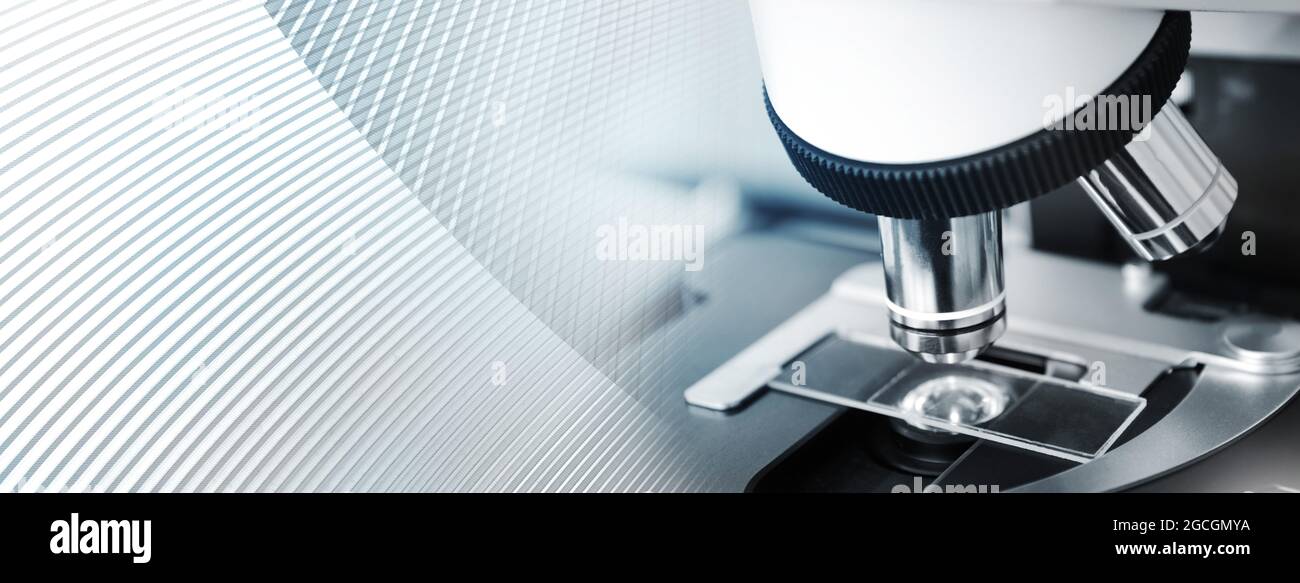 Zusammengesetztes Mikroskop und Kurve moderne weiße Linie im medizinischen wissenschaftlichen Labor Banner Hintergrund Stockfoto