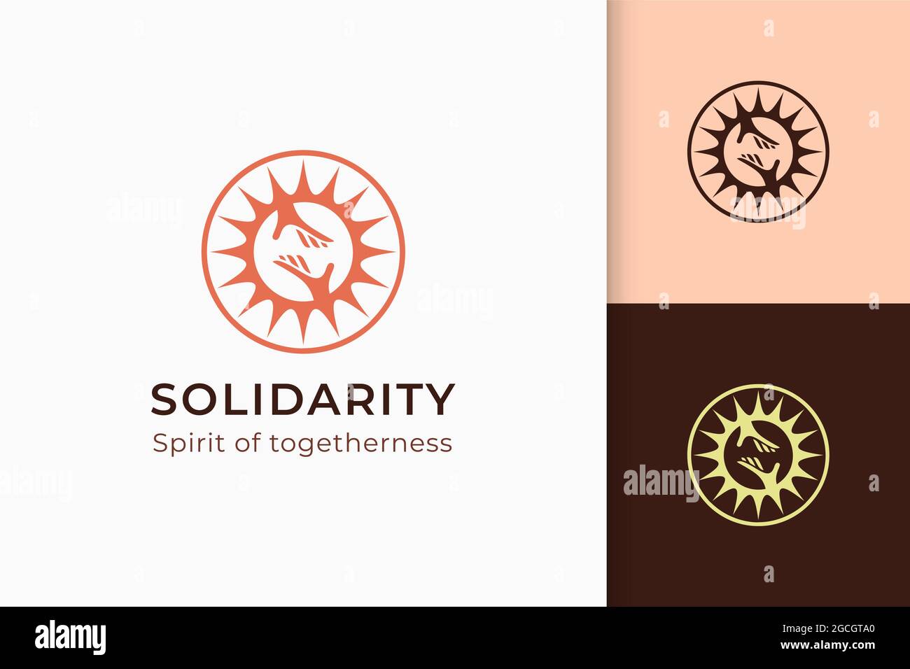 Charity- oder Spendenlogo in Hand und Sonne stehen für Frieden oder Solidarität Stock Vektor