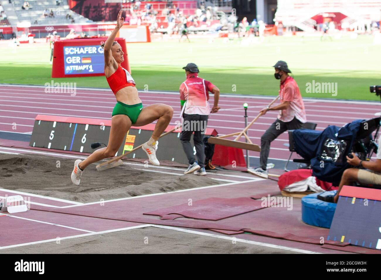 05. August 2021: Xenia Krizsan (2267) aus Ungarn während des Frauen-Heptathlon-Weitsprung-Events während des Leichtathletik-Wettbewerbs im Olympiastadion in Tokio, Japan. Daniel Lea/CSM} Stockfoto