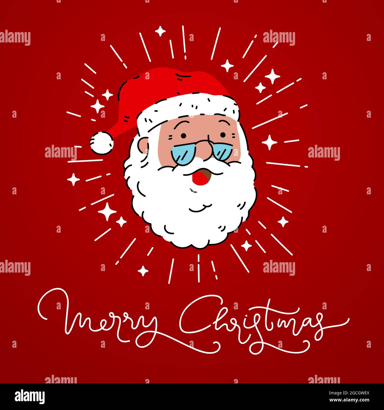 weihnachtsmann mit Brille lächelnd Blitz Licht Glanz Zeichen Vektor und fröhliche weihnachten Kalligraphie Typografie Design Stock Vektor