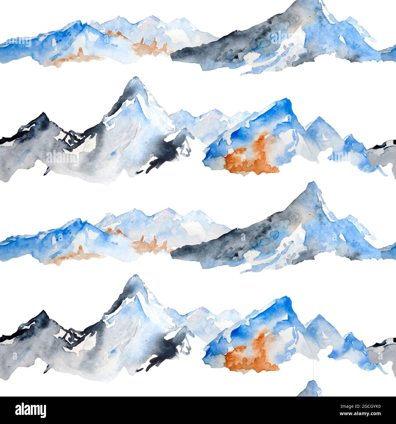 Aquarell von Hand gezeichnetes nahtloses Muster mit blauen Bergspitzen im Winter. Skifahren Outdoor-Aktivitäten Tourismus-Konzept. Natur Landschaft kaltes Wetter Hügel Stockfoto