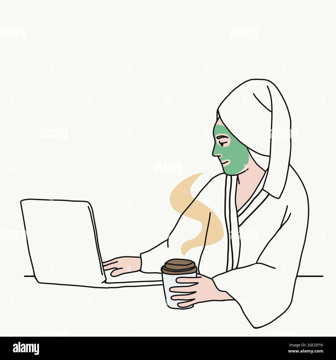 Frau arbeitet von zu Hause mit Laptop während Schönheitsbehandlung Vektor-Illustration Stock Vektor