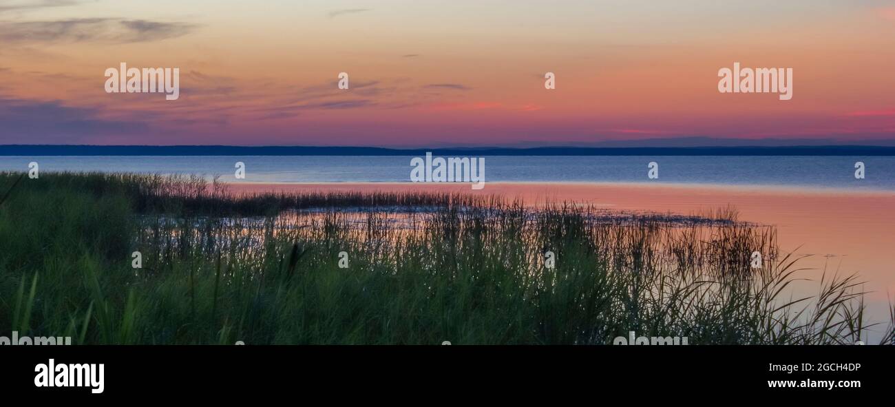 Schöner rosafarbener Sonnenuntergang am See. Wasser Himmel Küste Horizont Schilf. Stockfoto