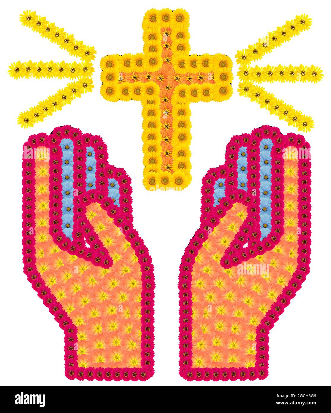 Die Hände eines Gläubigen Beters und das heilige goldene Kreuz. Isolierte handgemachte Fotocollage Stockfoto