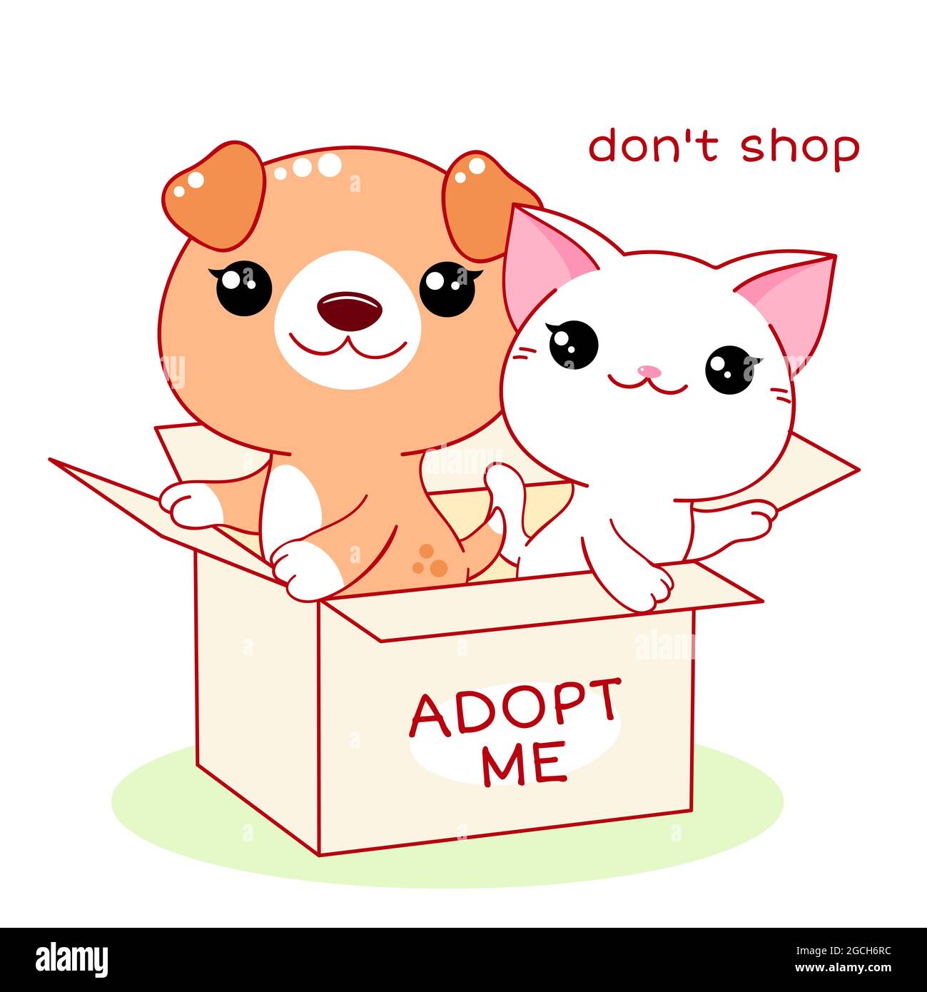 Kawaii kleine Katze und Welpe in Box. Inschrift Adopt Me Don't Shop. Helfen Sie obdachlosen Tieren, ein Zuhause zu finden. Tierpflege, Adoptionskonzept. Adoptieren Sie einen Freund. Stock Vektor
