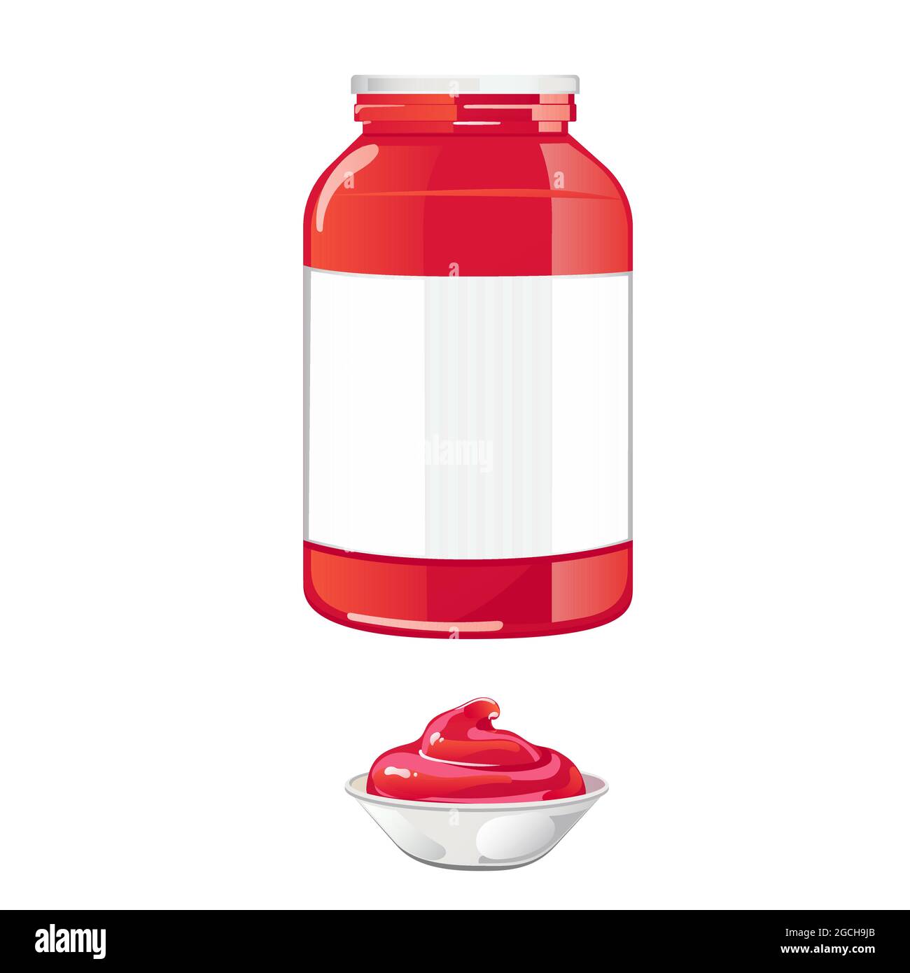 Glas mit Tomatensauce und weißem Deckel. Rote natürliche würzige Würze in Behälter mit Etikett. Vektor-Illustration in flachen Cartoon-Design isoliert auf weißem Hintergrund. Stock Vektor