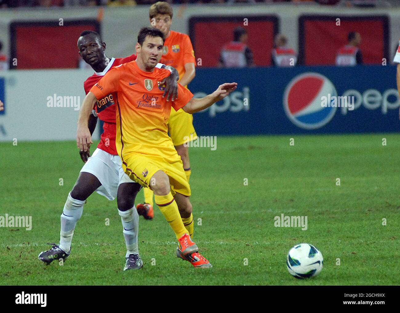 BUKAREST, RUMÄNIEN - 11. AUGUST 2012: Lionel Messi aus Barcelona, aufgenommen während des Vorsaison-Freundschaftsspiels zwischen Dinamo Bucuresti und dem FC Barcelona in der National Arena. Stockfoto