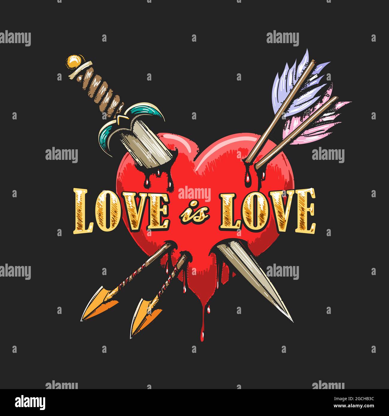 Tattoo of Heart durchbohrt von Dolch und Pfeilen und Aufschrift Liebe ist Liebe auf schwarzem Hintergrund. Vektorgrafik. Stock Vektor