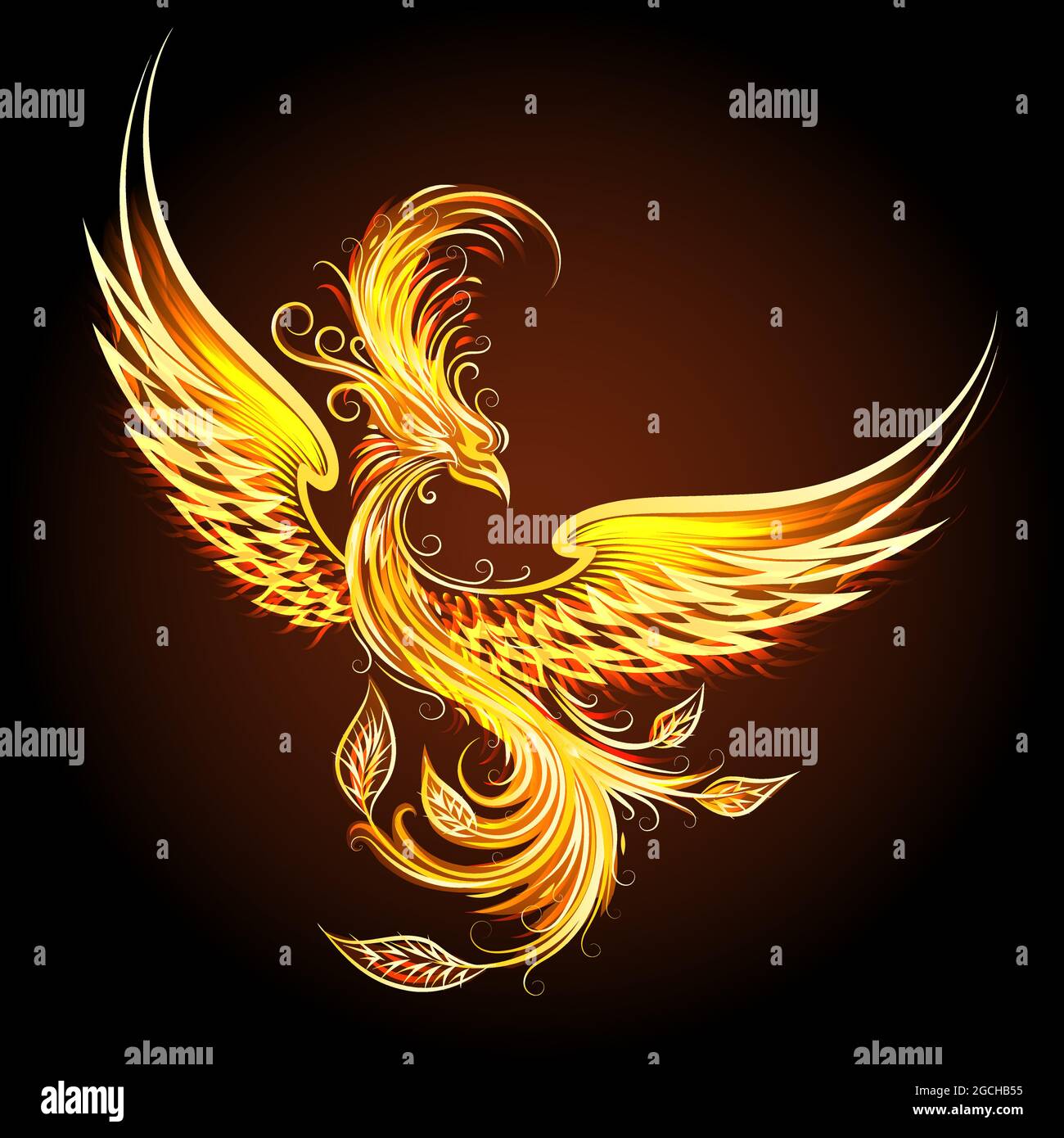 Feuer brennender Phönix Vogel mit schwarzem Hintergrund. Vektorgrafik. Stock Vektor